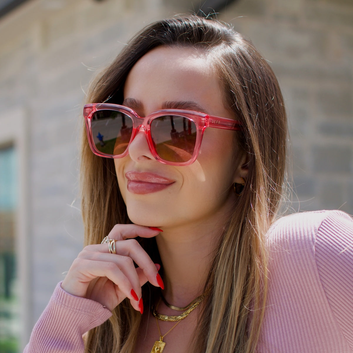 MEREDITH - CANDY PINK CRYSTAL + BROWN GRADIENT SUNGLASSES