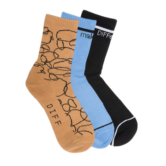 CREW SOCK TRIO - BLACK + SKY BLUE + ABSTRACT CIRCLES