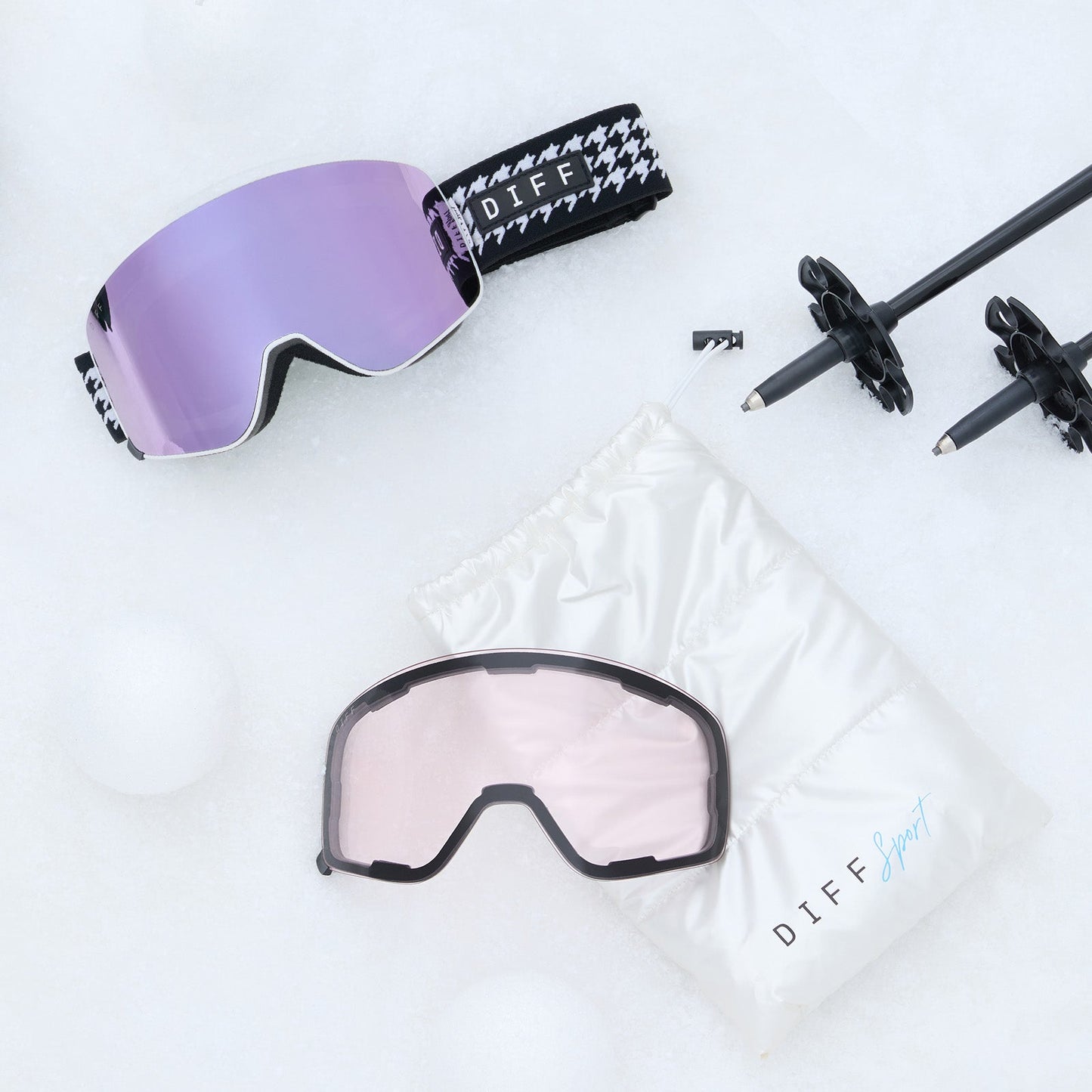 SNOW GOGGLES - FROST + HOUNDSTOOTH + LILAC MIRROR + POLARIZED GOGGLES & FREE AURORA PINK LENS