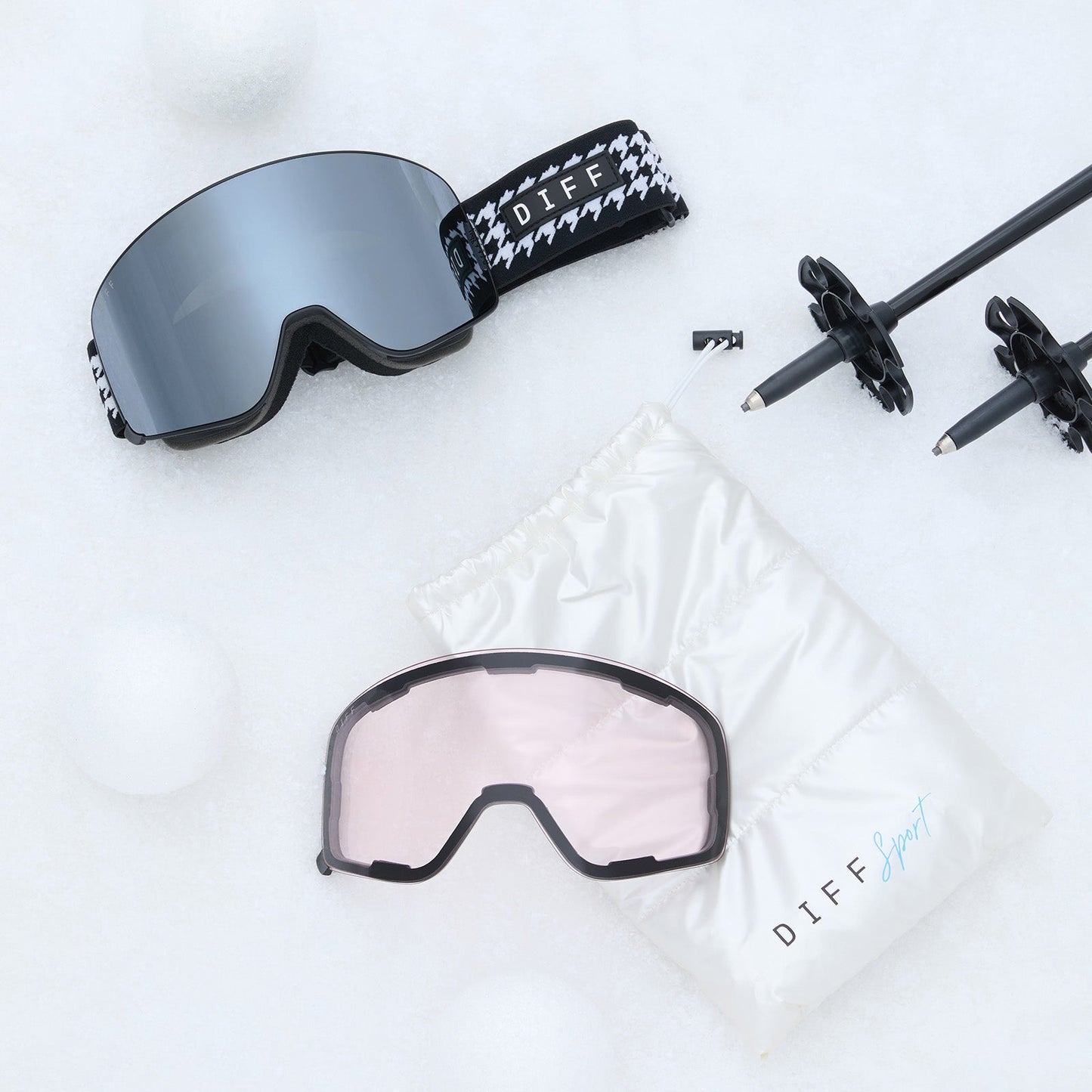 SNOW GOGGLES - FROST + HOUNDSTOOTH + SILVER MIRROR + POLARIZED GOGGLES & FREE AURORA PINK LENS