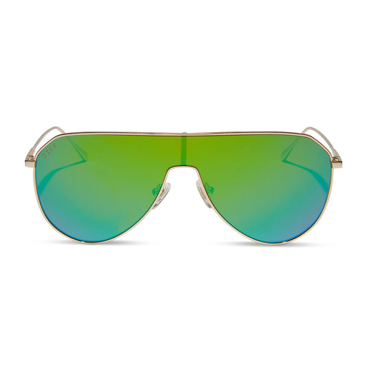 DASH SHIELD - GOLD + GREEN MIRROR SUNGLASSES